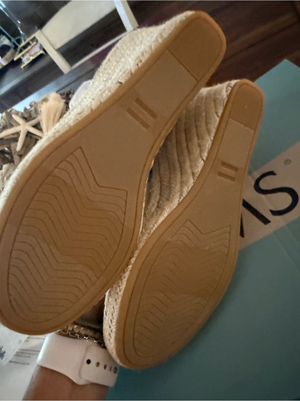 TOMS Cream Canvas Espadrille Wedge Sandals with Tan Leather Ankle Strap - Picture 3 of 4
